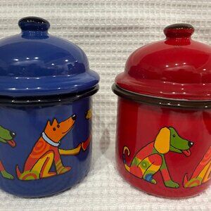 Set of 2 enamel dog-themed petite cannisters from Europe
